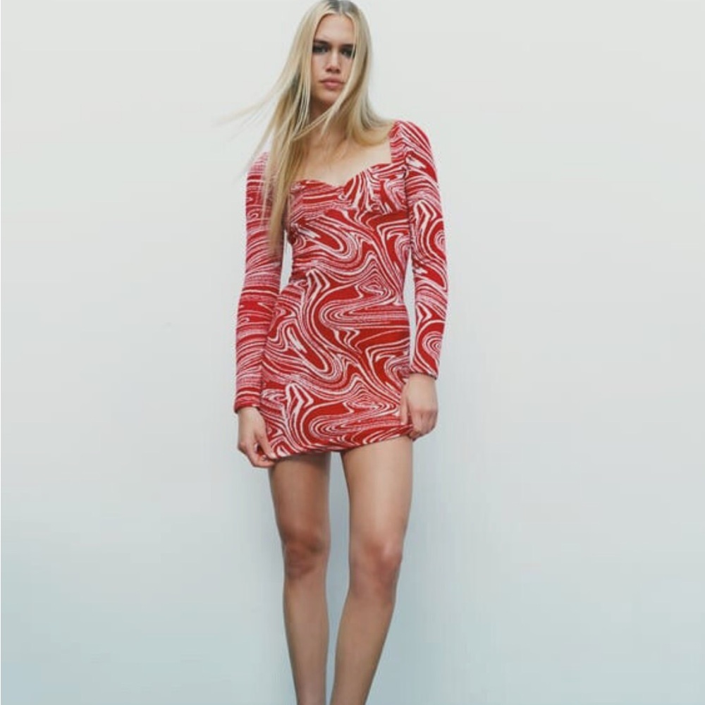 Zara Red NWOT mini sweater dress swirl long sleeve bustier knit square neck